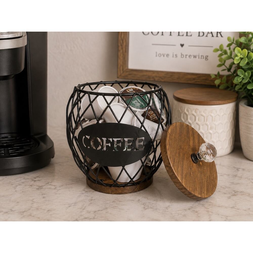 Coffee Pod Holder Black Wired with Wood Lid for Kitchen Countertop Coffee Bar